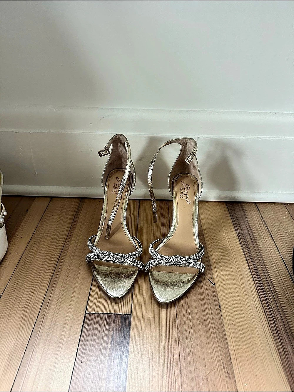 Jewel Badgley Mishka Gold Embellished Strappy Heels